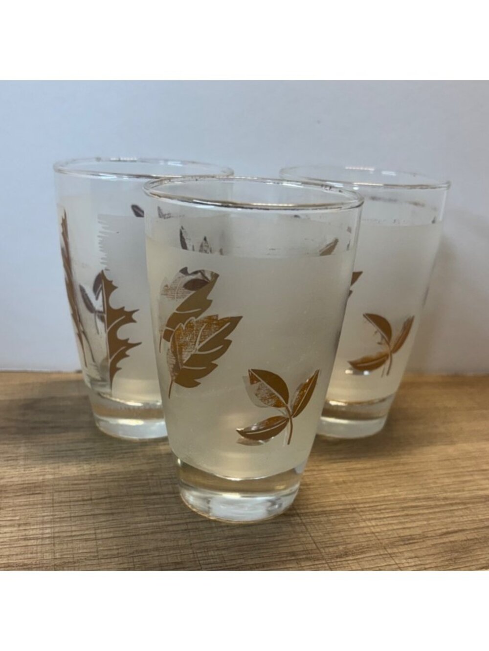 Libbey Set Of 3 Gold Leaf Pattern Glass Tumblers Frosted Design 8oz Capacity